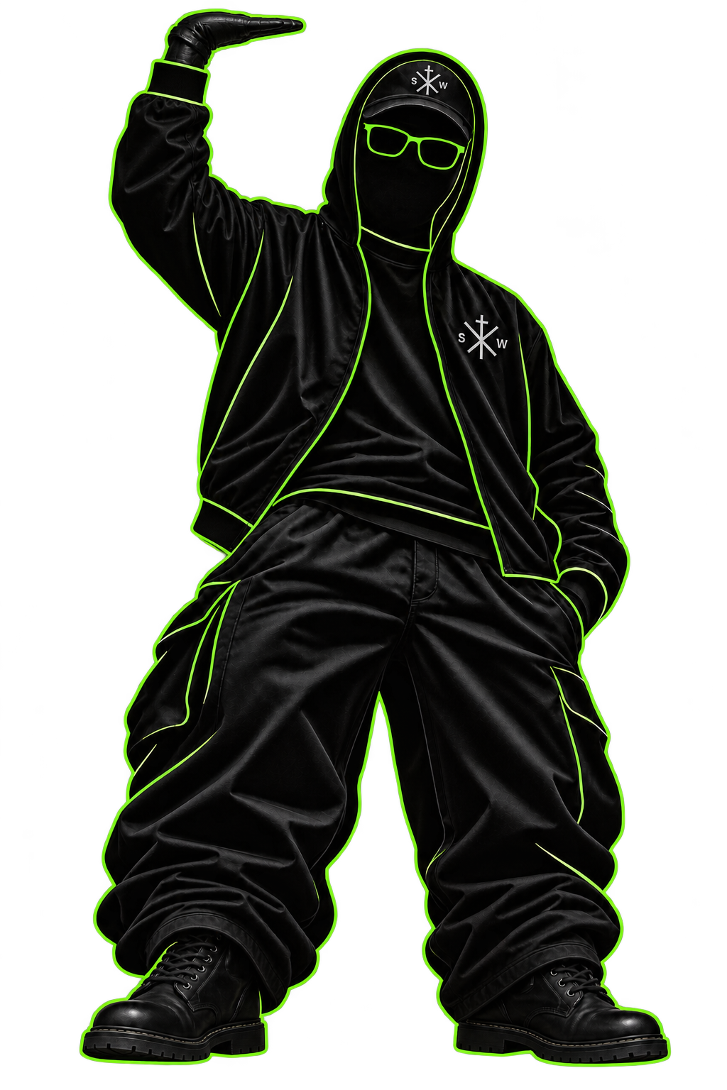 Spiritual Workz hooded character raising a black-gloved hand to hold up the title, wearing black lace-up boots and lime-green outlines.